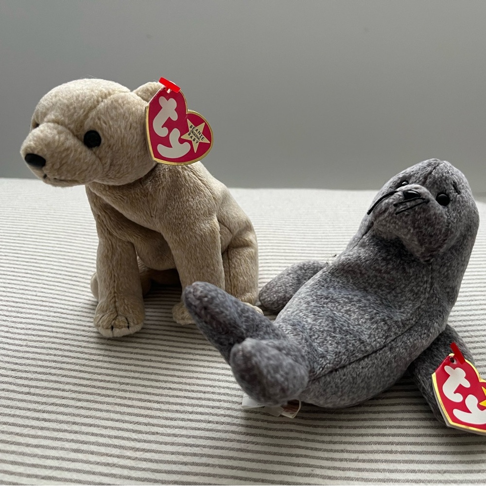 Ty Plush Tan Bear and Gray Seal Set
